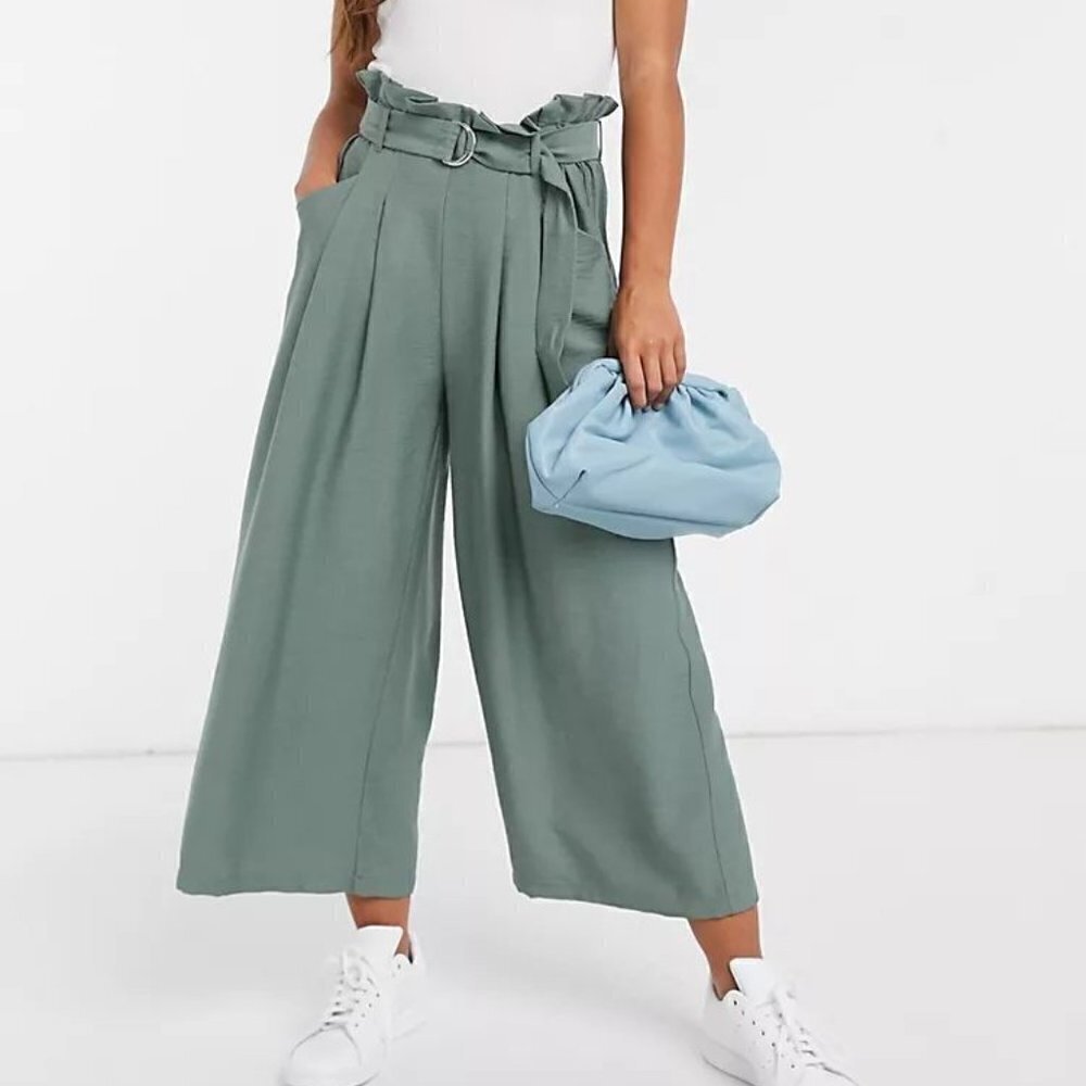 Vero Moda Belted Pants Culottes Paper Bag Waist in Sage Green